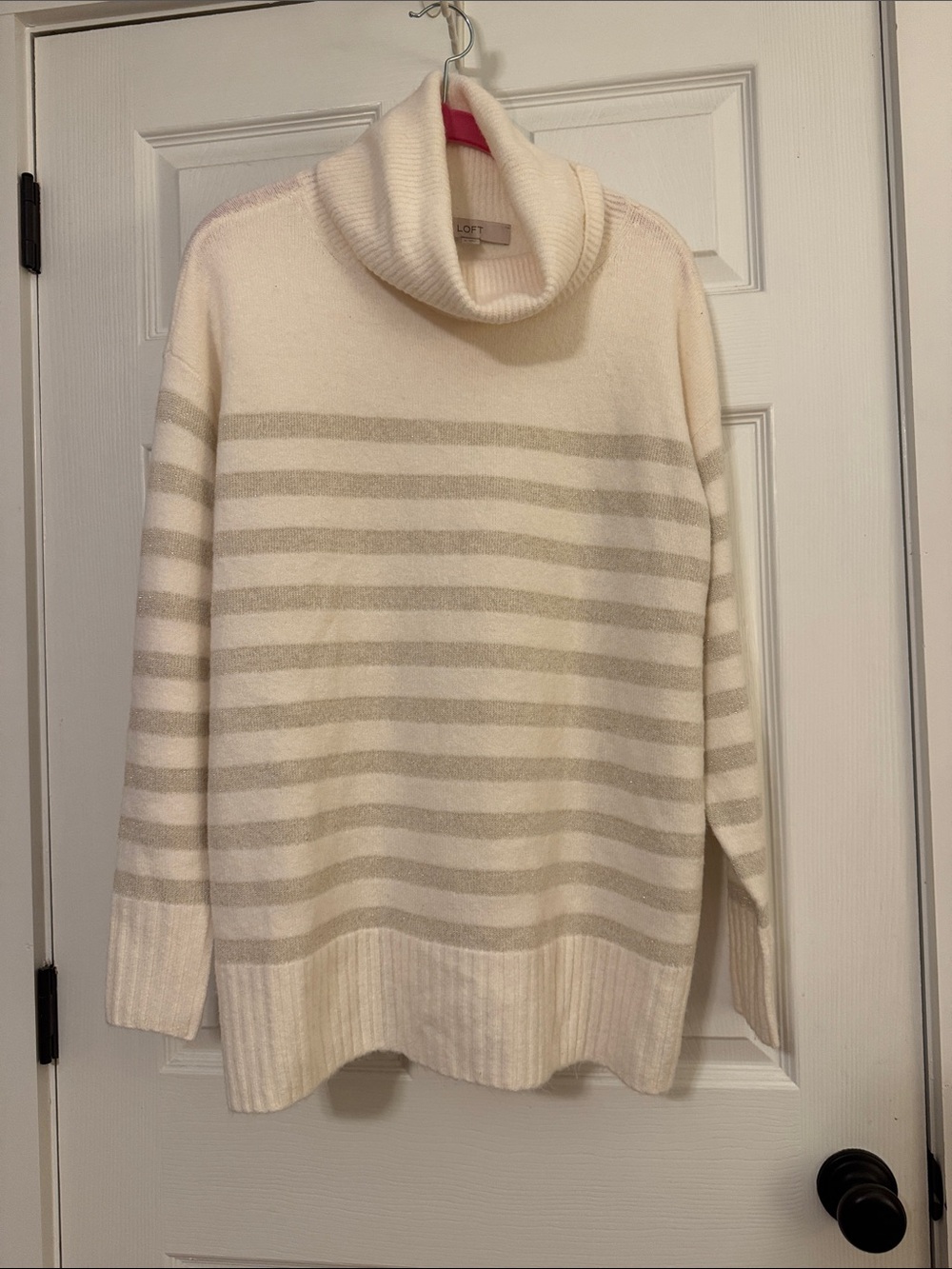 LOFT Cream Striped Cowl Neck Sweater with Light Gray Shimmer Bands